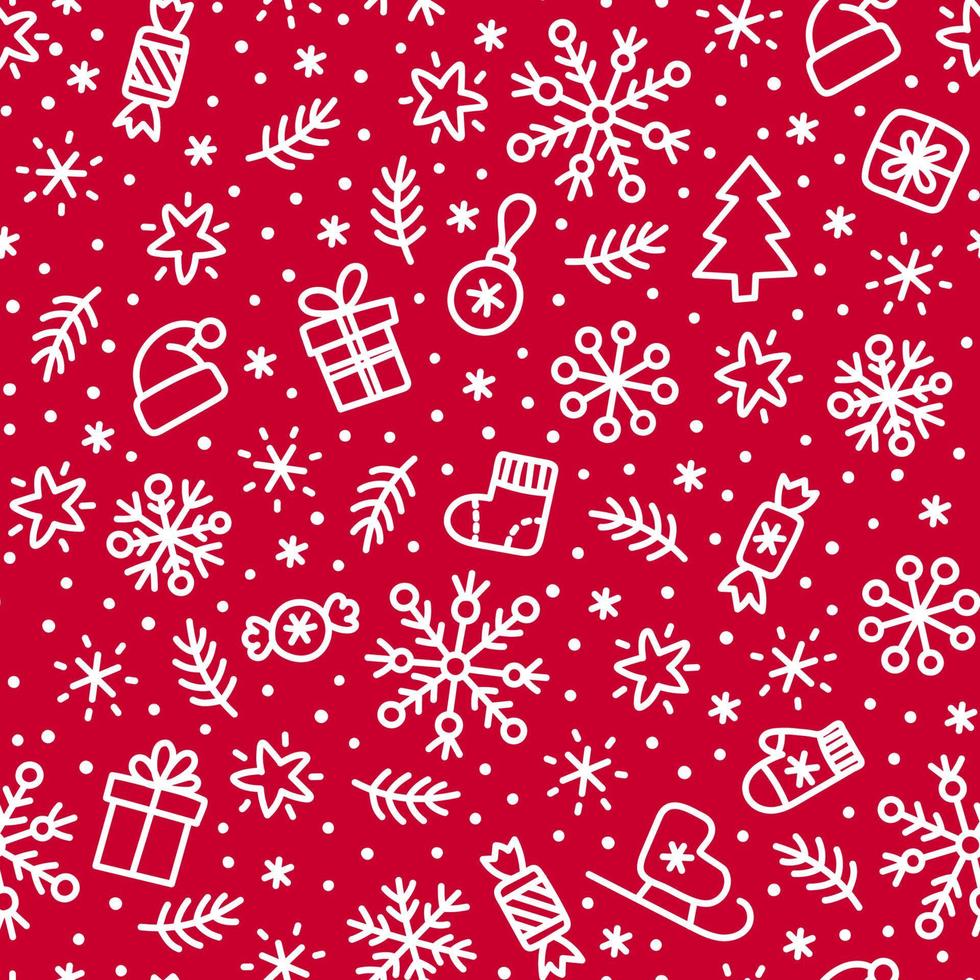 Christmas doodle white on red seamless pattern. vector