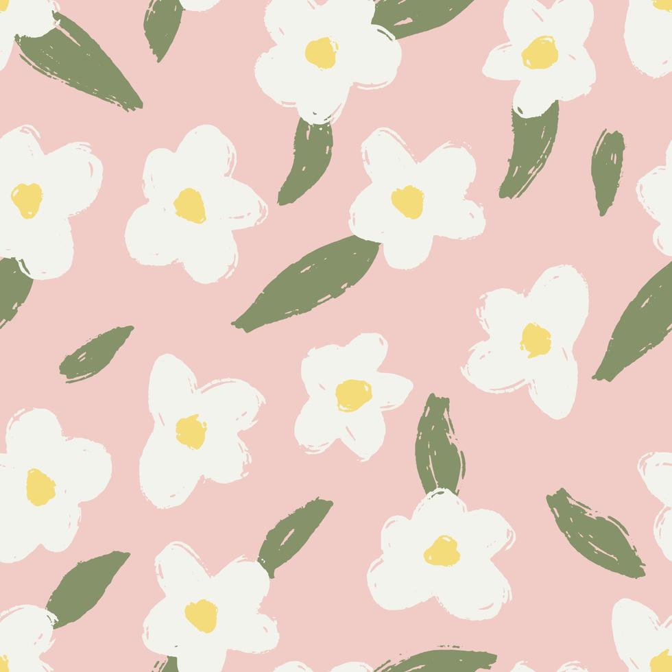 White flowers with green leaves brush textured on light pink background. Floral seamless pattern for fabric cover background. vector graphic