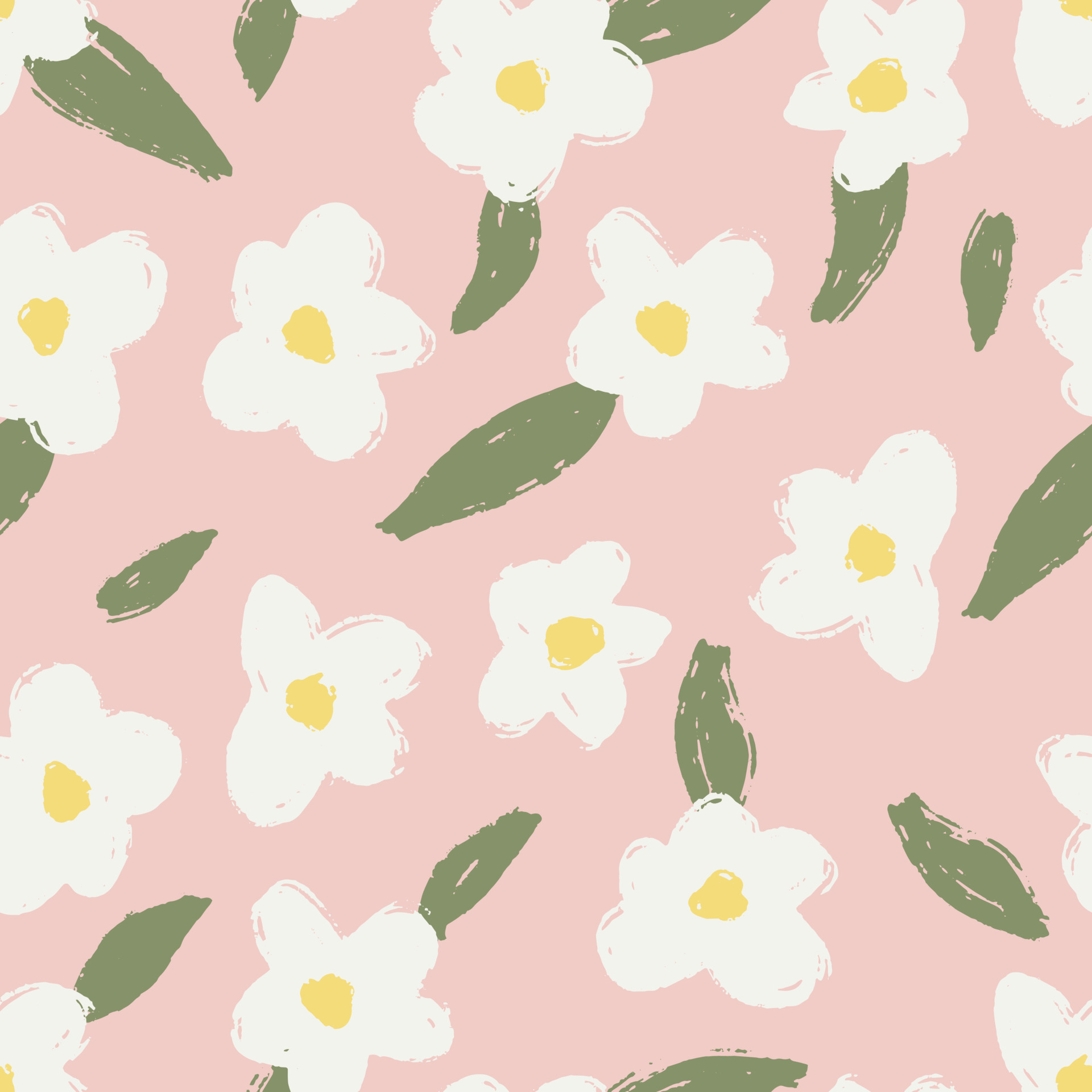 White flowers with green leaves brush textured on light pink background