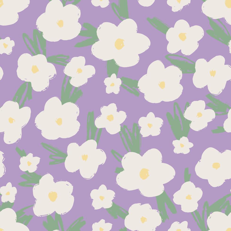 White flowers with green leaves brush textured on light purple background. Floral seamless pattern for fabric cover background. vector graphic