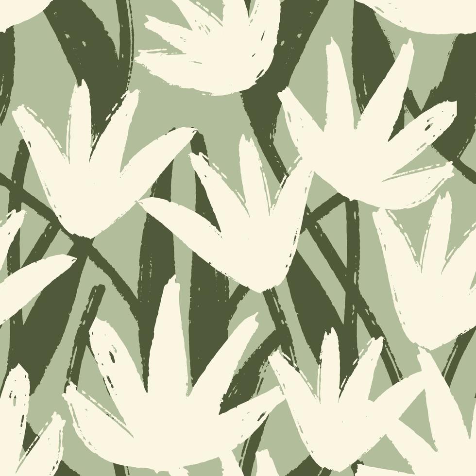 White delicate flowers water lily lotus brush textured on light green background. Floral seamless pattern for fabric cover background. vector graphic