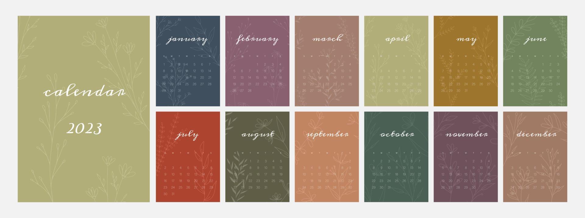 Botanical calendar template for 2023. Vertical design with abstract natural floral branch. Editable illustration page template A4, A3, set of 12 months with cover. Vector mesh. Week starts on Sunday.