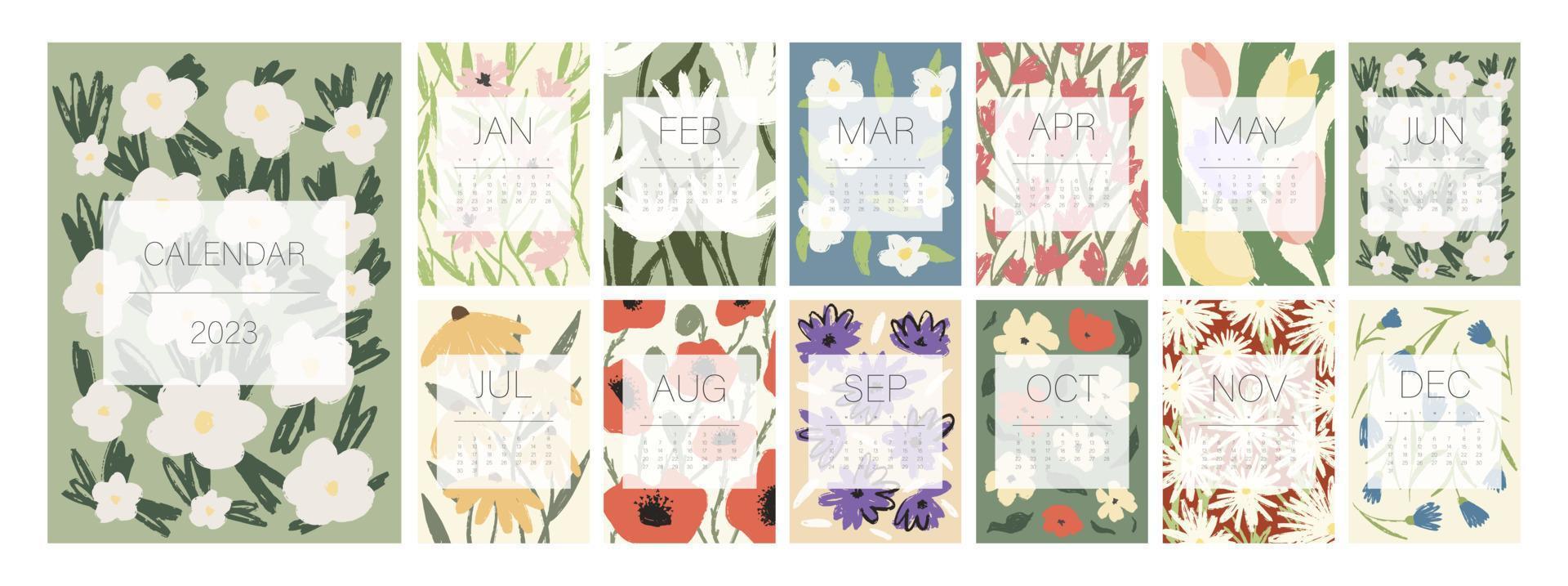 plantilla de calendario floral para 2023. diseño vertical con flores y hojas de colores brillantes. plantilla de página de ilustración editable a4, a3, conjunto de 12 meses con portada. malla vectorial semana comienza el domingo. vector