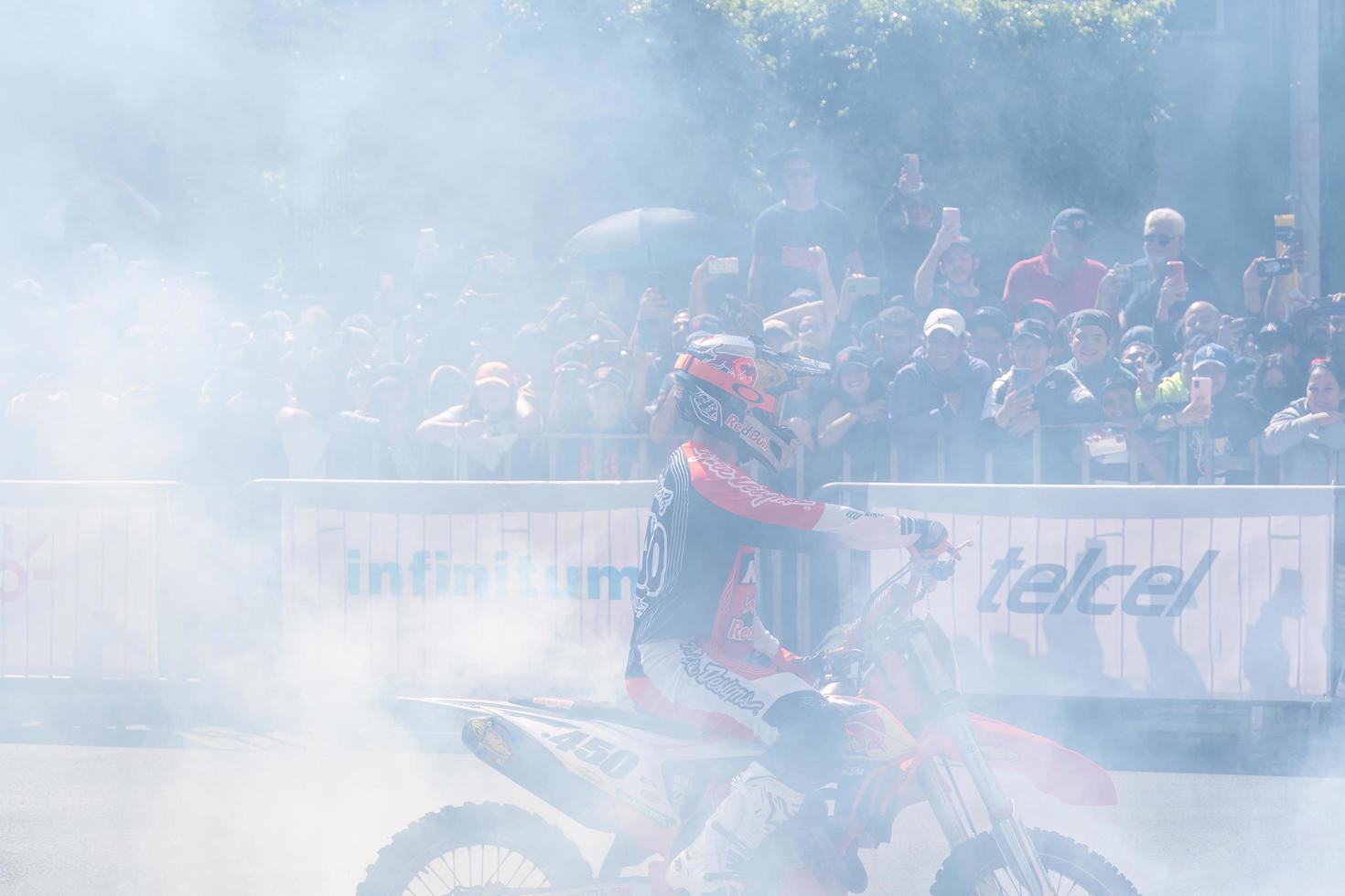 GUADALAJARA, MEXICO - OCTOBER 25 2022 Showrun Aaron Colton, Didier Goirand and ivan Ramirez riding motorcycles photo
