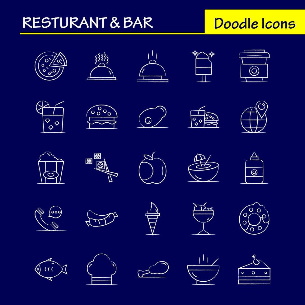 Restaurant And Bar Hand Drawn Icon for Web Print and Mobile UXUI Kit Such as Telephone Phone Chat Hotel World Map Location Hotel Pictogram Pack Vector