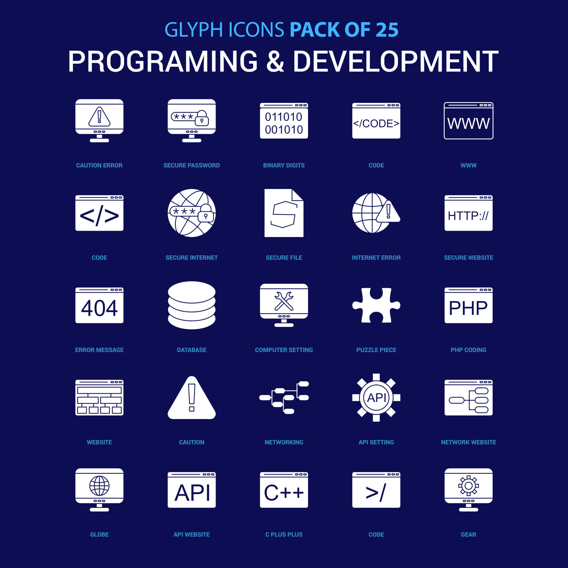Programming and Developement White icon over Blue background 25 Icon ...
