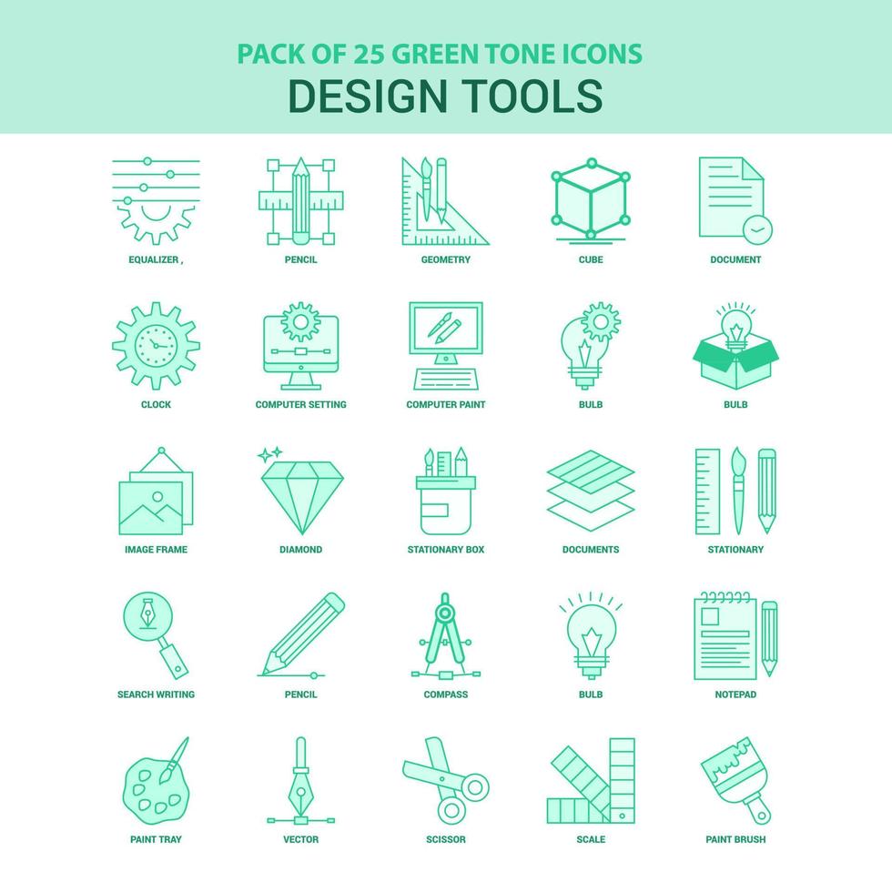 25 conjunto de iconos de herramientas de diseño verde vector