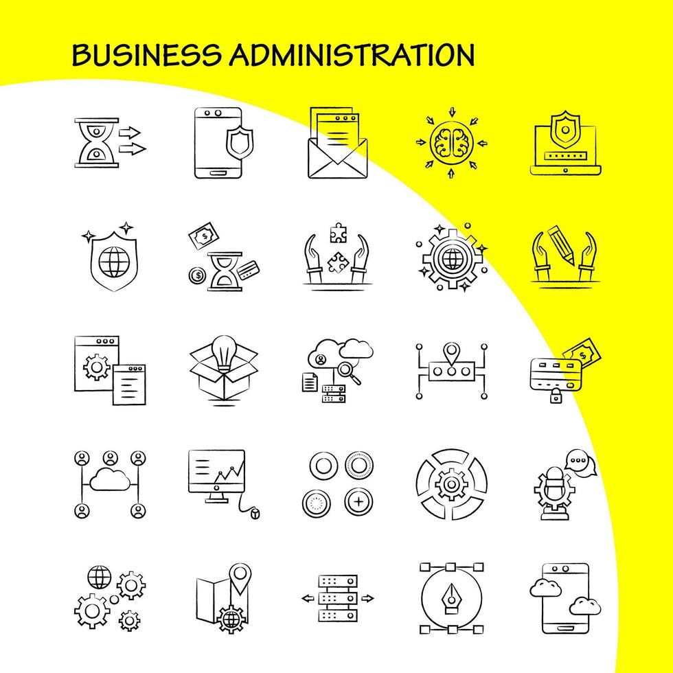 los iconos dibujados a mano de administración empresarial establecidos para el kit de uxui móvil de infografía y el diseño de impresión incluyen configuración de engranajes motor globo archivos de documentos archivo estrella eps 10 vector