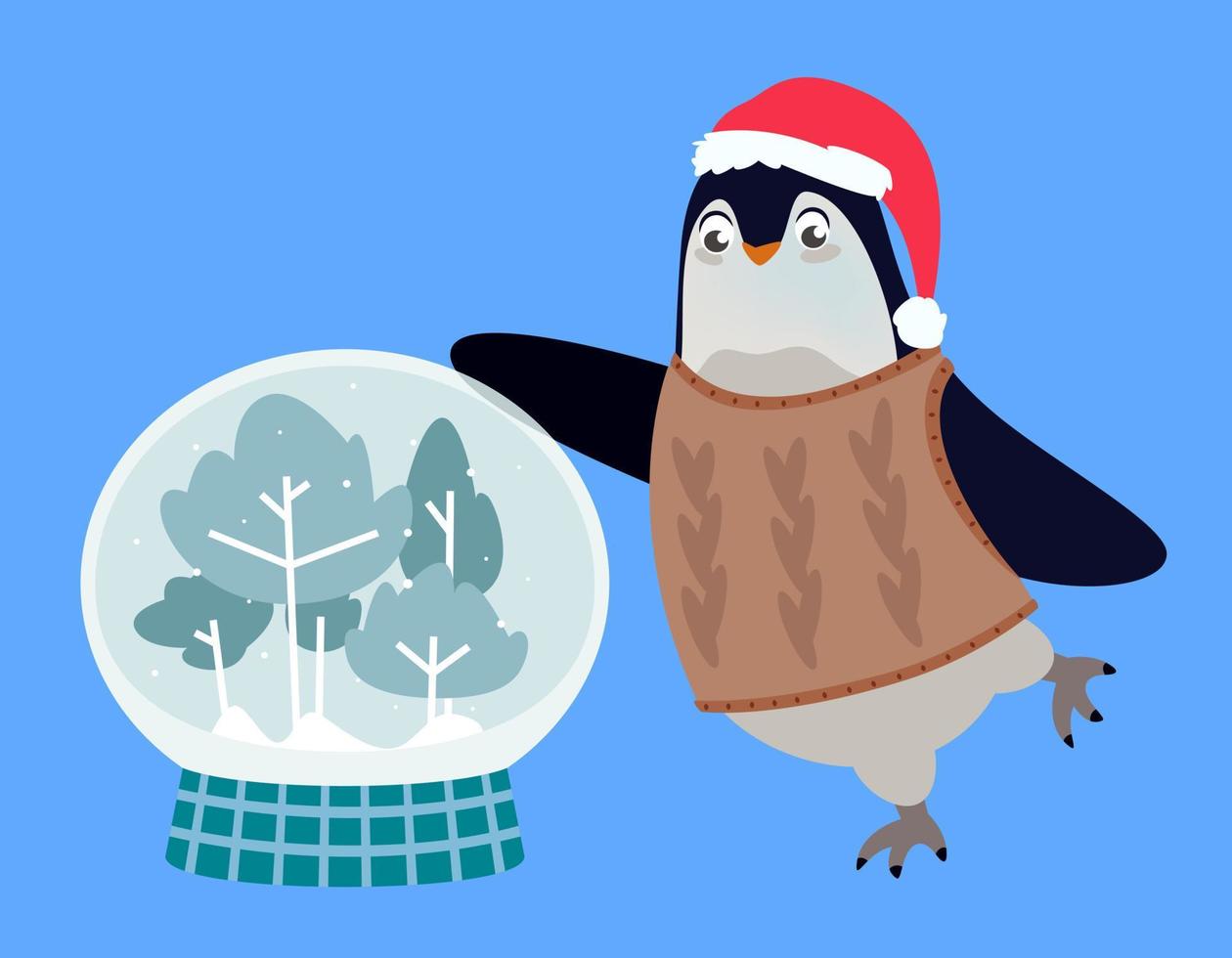 Penguin with big snowball. Cute Christmas character in cartoon style. vector