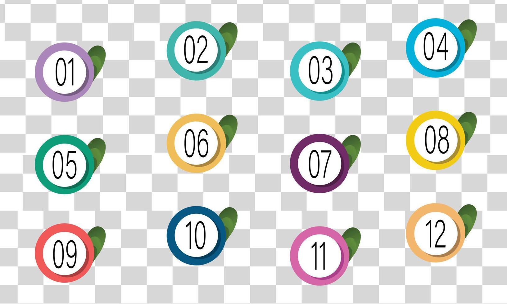 número viñeta colorido 3d con marcadores de hoja 1 a 12 vector