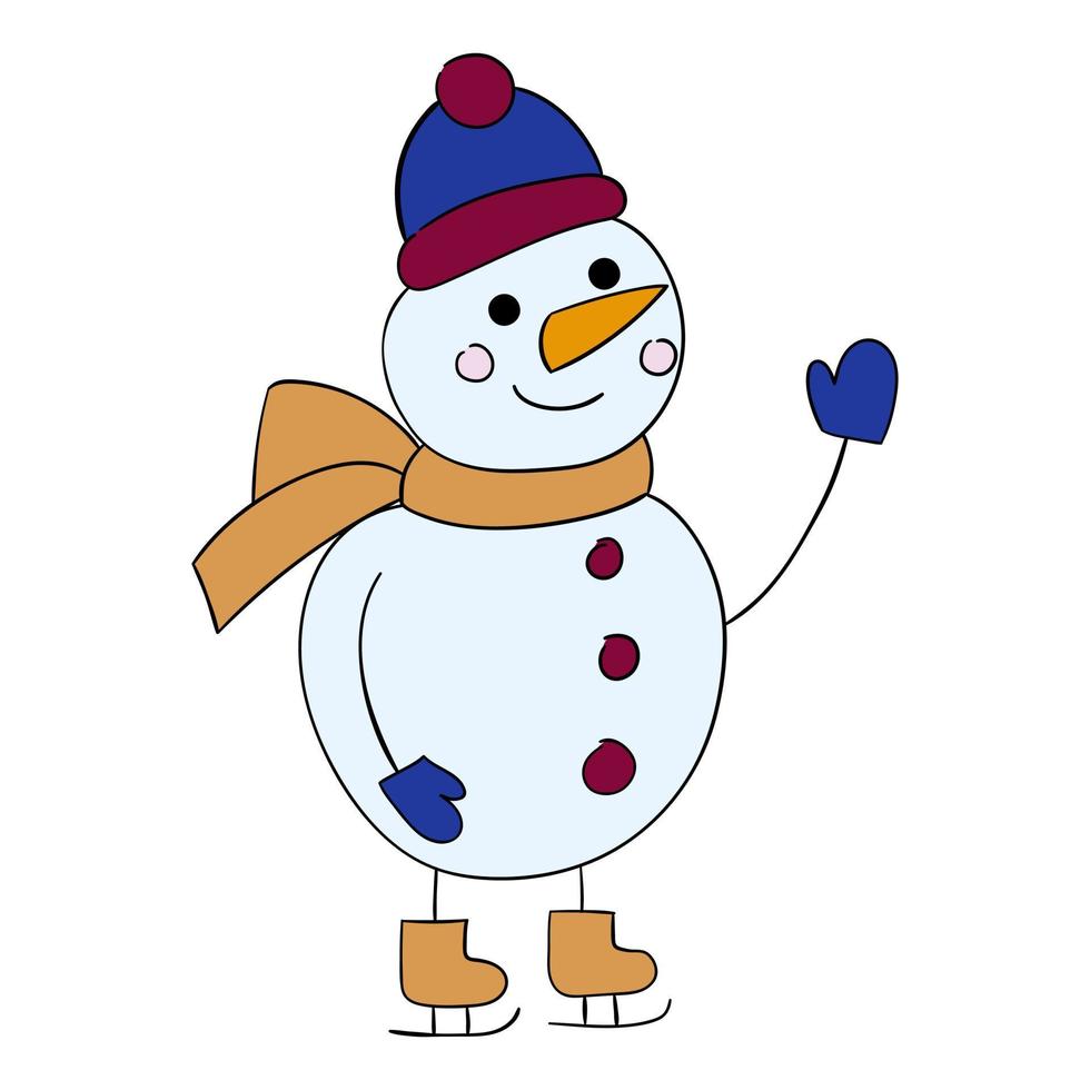 Cute cartoon snowman in ice skates. Vector illustration on a white background.