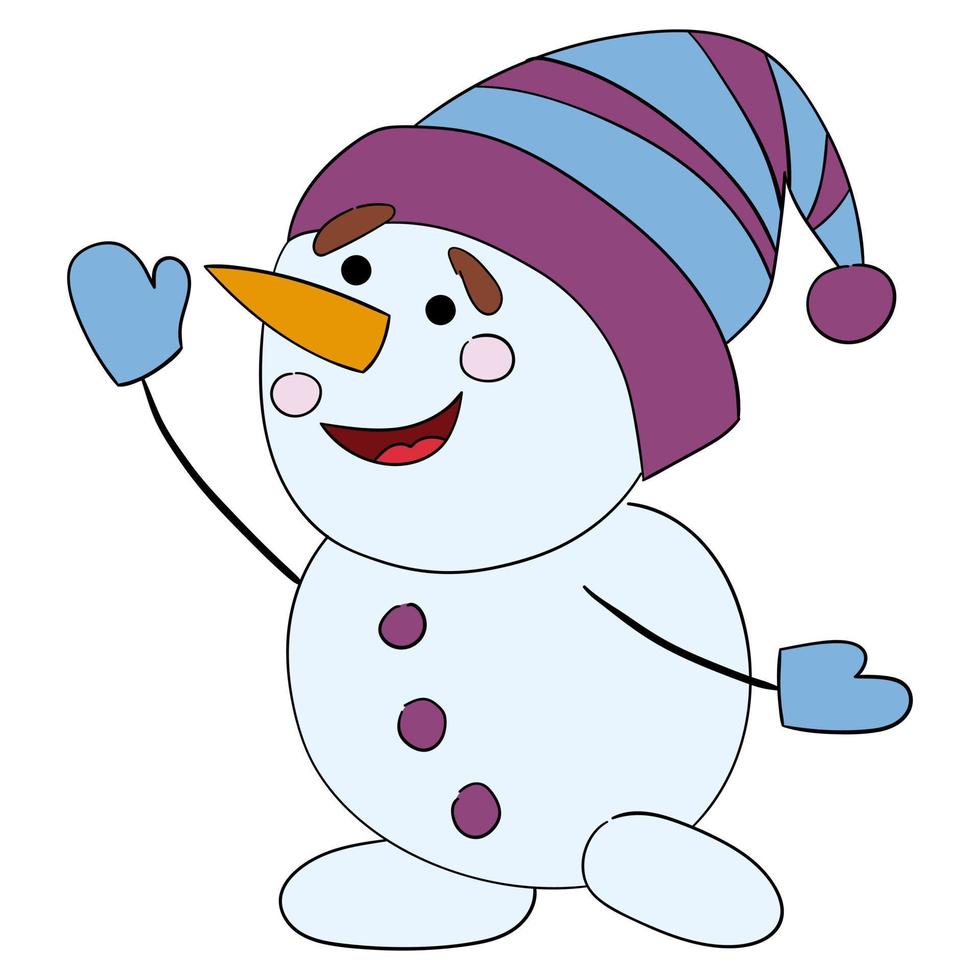 Cute cartoon snowman in a hat. Vector illustration on a white background.