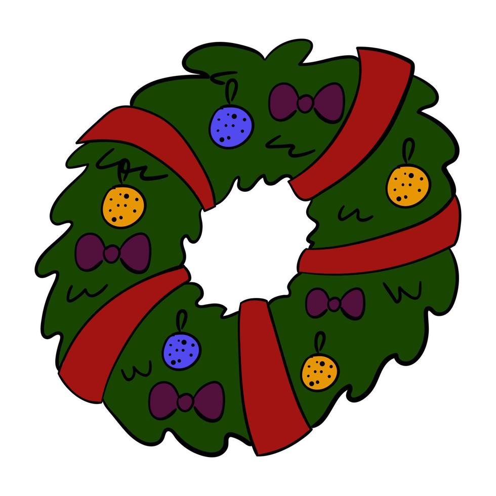 Christmas wreath decorated with ribbons and balloons, vector illustration.
