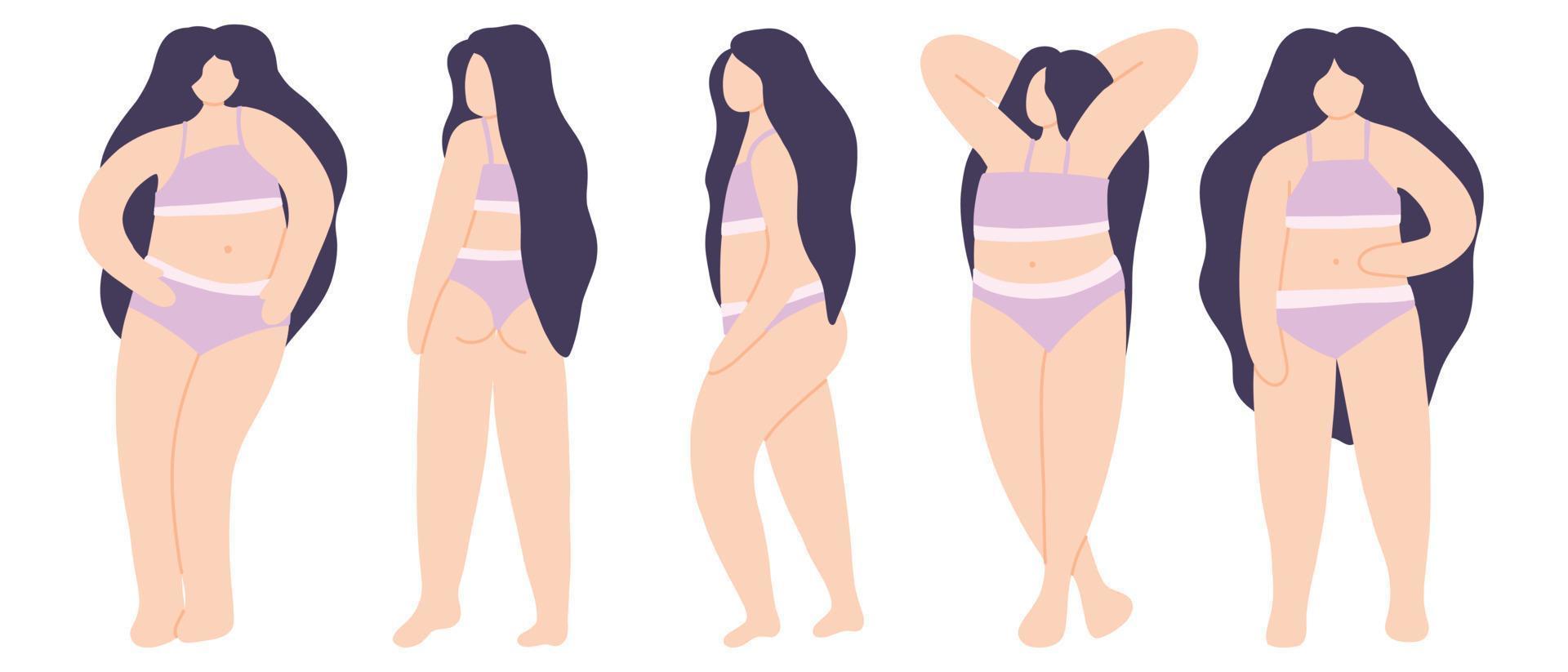 conjunto de chicas cuerpo positivo. chicas lindas de pie. ilustración vectorial vector