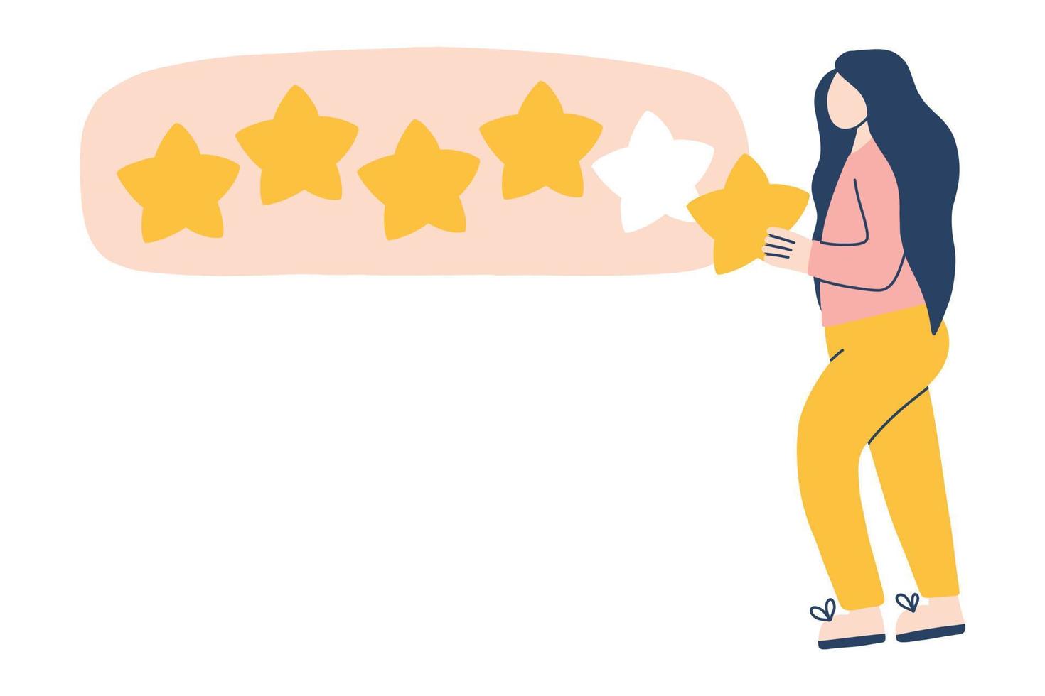 Feedback. The girl puts five stars. Feedback from a woman. Vector illustration. Feedback concept. Vector illustration . Flat style.