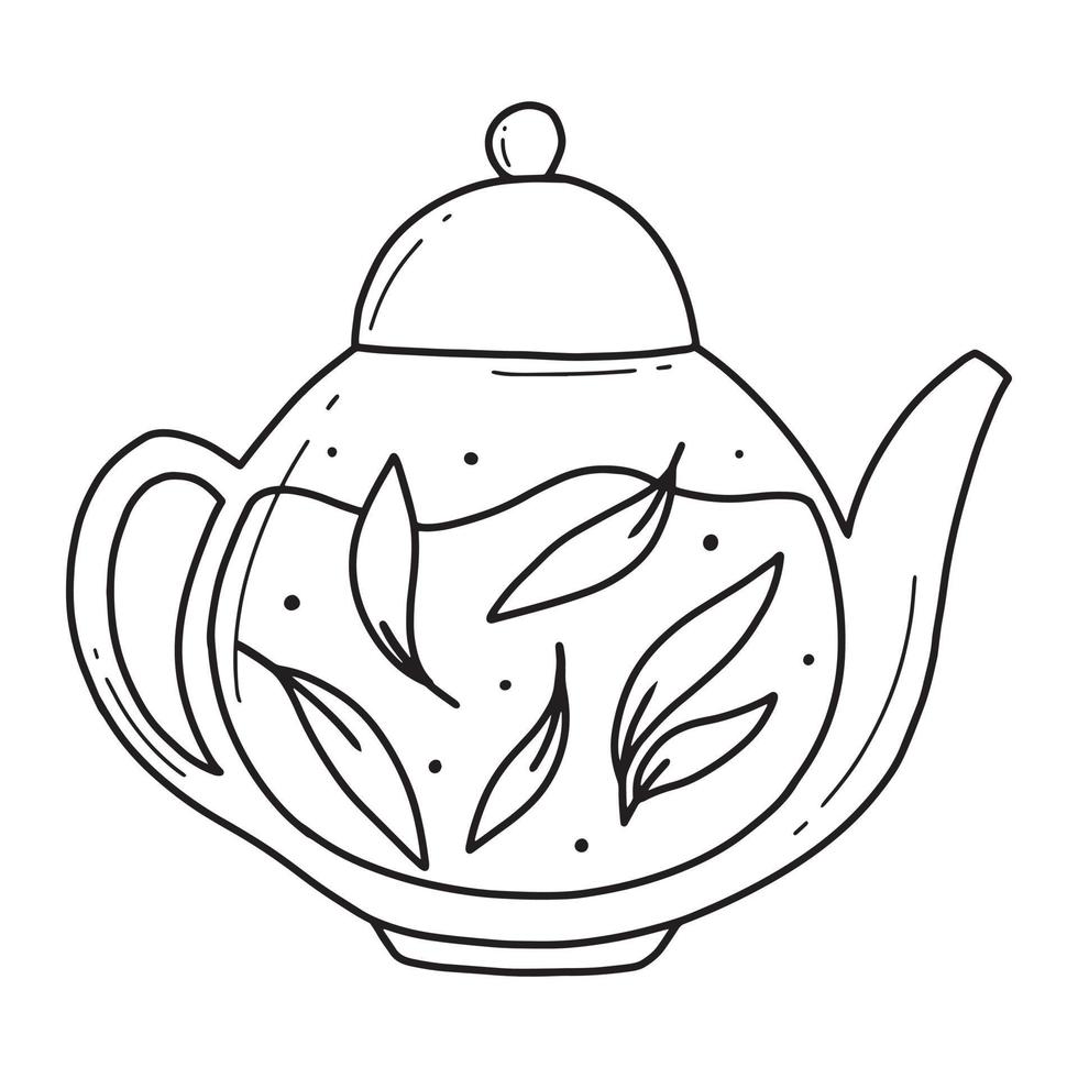 Teapot with green tea. Herbal tea in a glass teapot. Vector illustration. Isolated illustration on a white background. Doodle style.