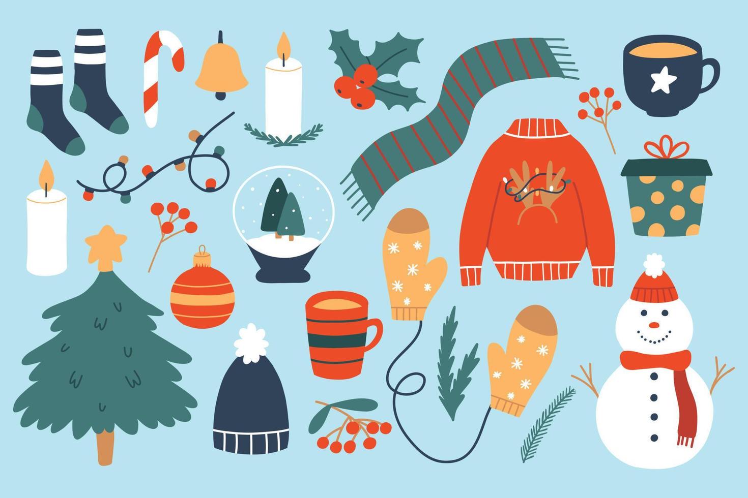 conjunto de elementos de invierno. colección de objetos navideños. ilustración vectorial estilo plano. suéter, calcetines, acebo, juguete de navidad. vector