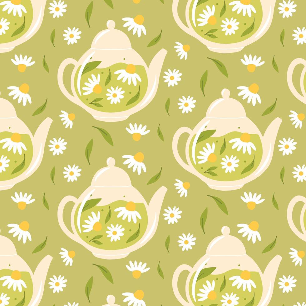 Seamless pattern with chamomile tea. Pattern with teapot, daisy flowers and leaves. Vector illustration. Flat style.