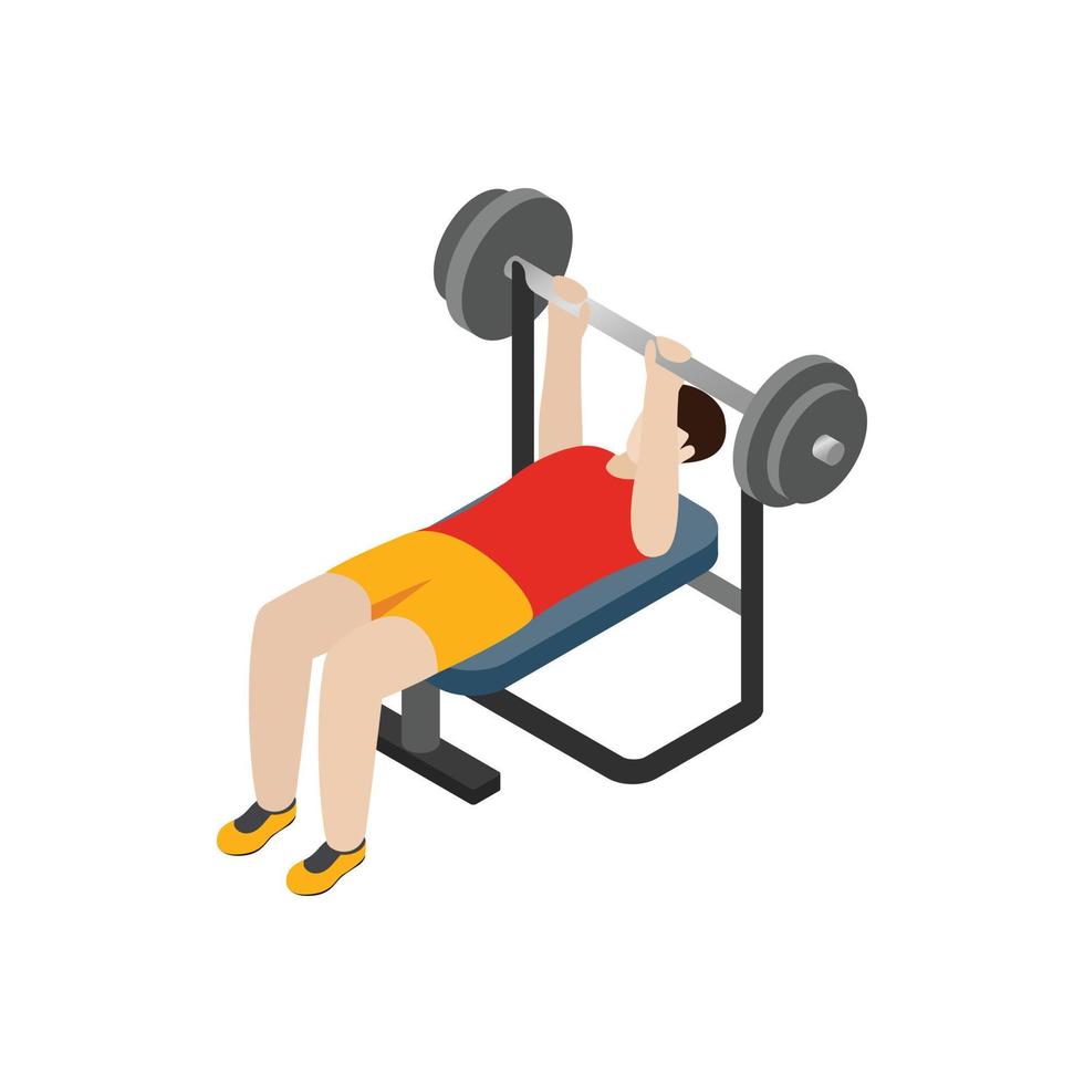 Man exercising on bench press icon, isometric 3d vector