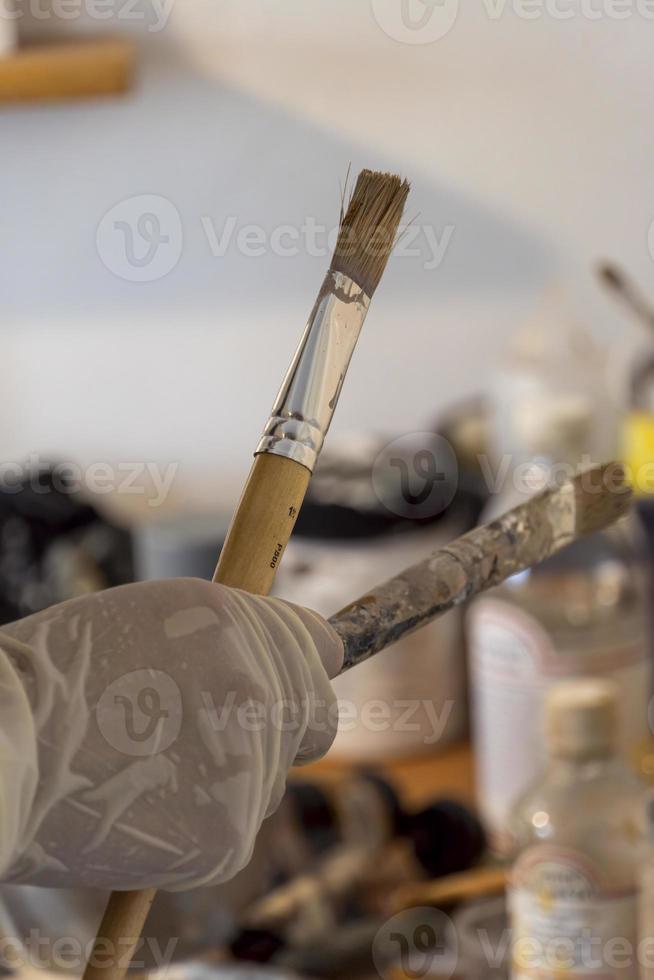 studio or work space of a hispanic woman artist, oil painting, mexico photo