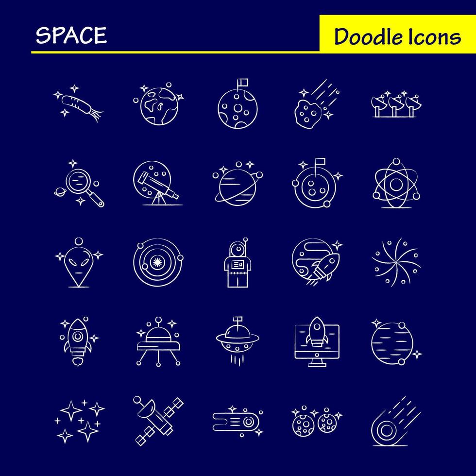 los iconos dibujados a mano en el espacio se establecen para infografías, el kit uxui móvil y el diseño de impresión incluyen cohete, transporte espacial, luna, planeta, espacio, nave espacial, telescopio, icono, conjunto, vector