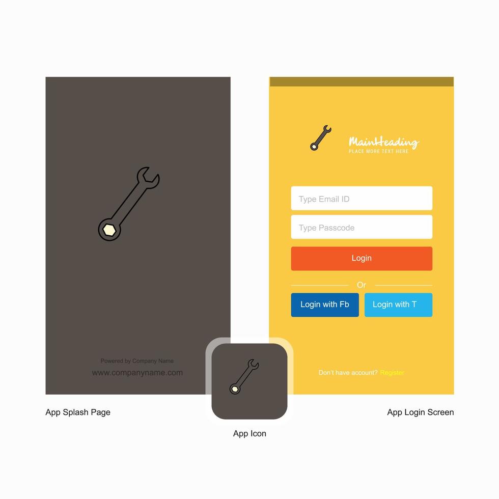 Company Wrench Splash Screen and Login Page design with Logo template Mobile Online Business Template vector