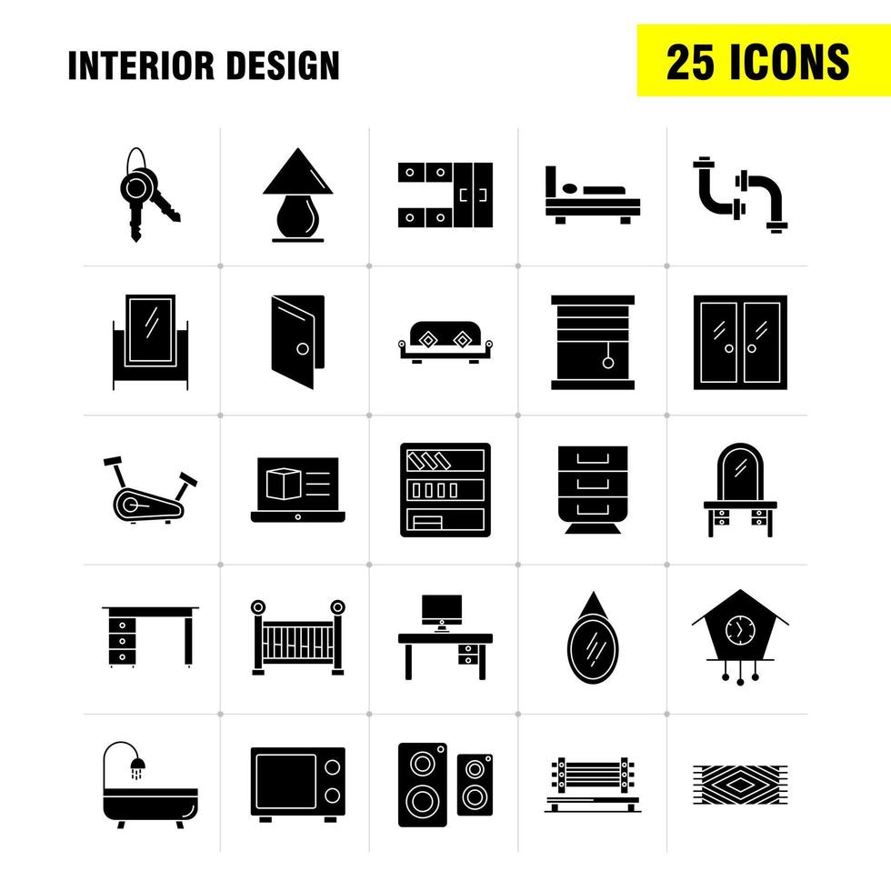 iconos de glifo sólido de diseño de interiores establecidos para infografías kit de uxui móvil y diseño de impresión incluyen alfombra muebles hogar ventana casa puerta entrada eps 10 vector