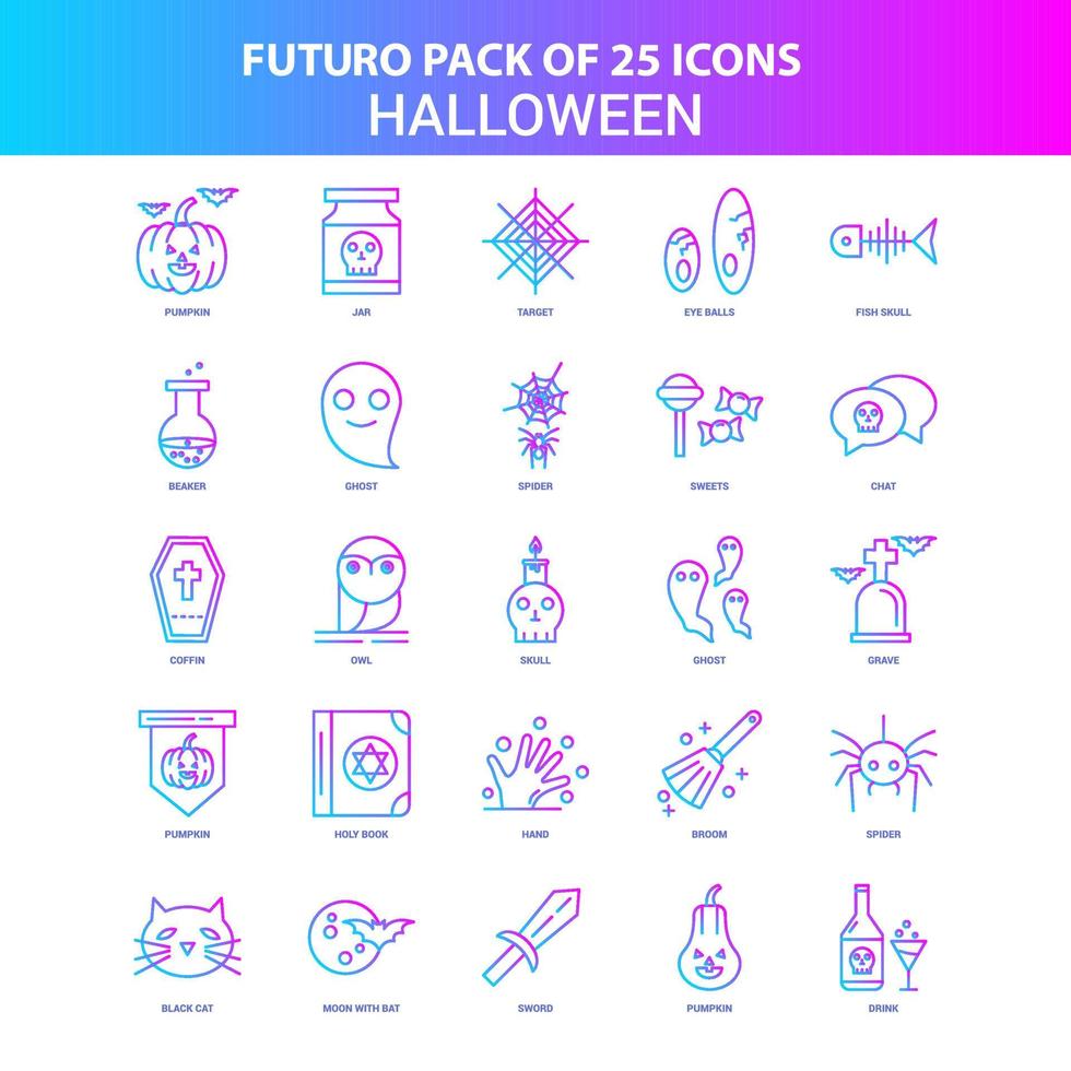 paquete de iconos de halloween futuro azul y rosa de 25 vector