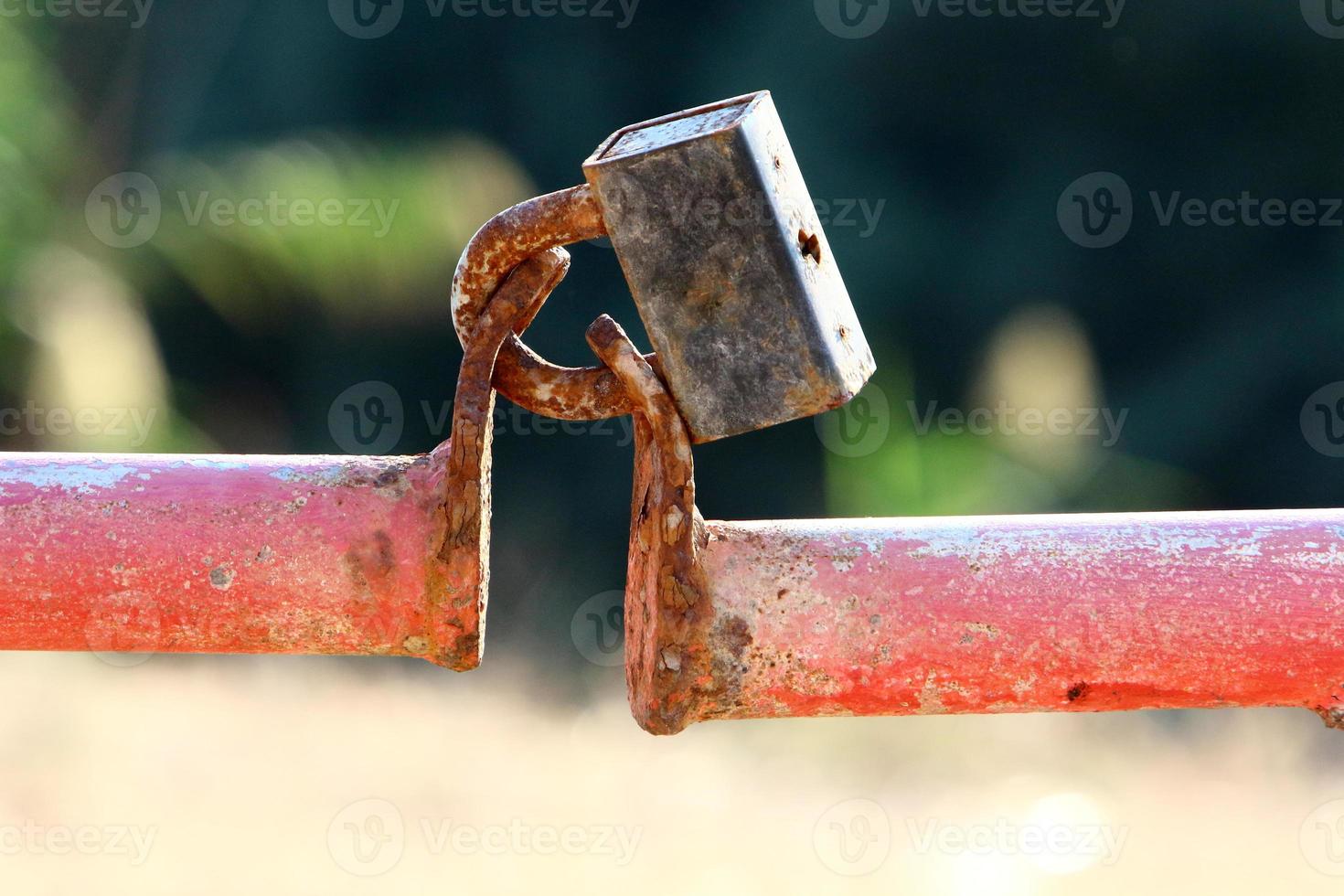 A rusty padlock hangs on a closed gate. photo