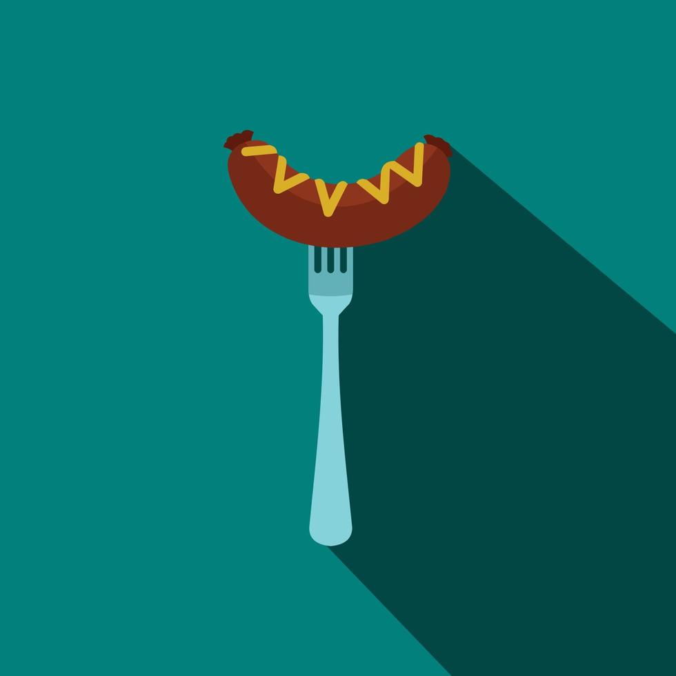 Sausage on a fork with mustard icon, flat style vector