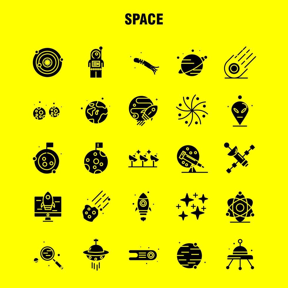 Space Solid Glyph Icons Set For Infographics Mobile UXUI Kit And Print Design Include Rocket Space Transportation Moon Planet Space Spaceship Telescope Icon Set Vector
