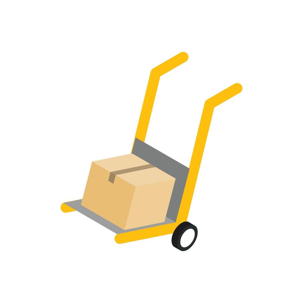Yellow hand cart with cardboard box icon vector