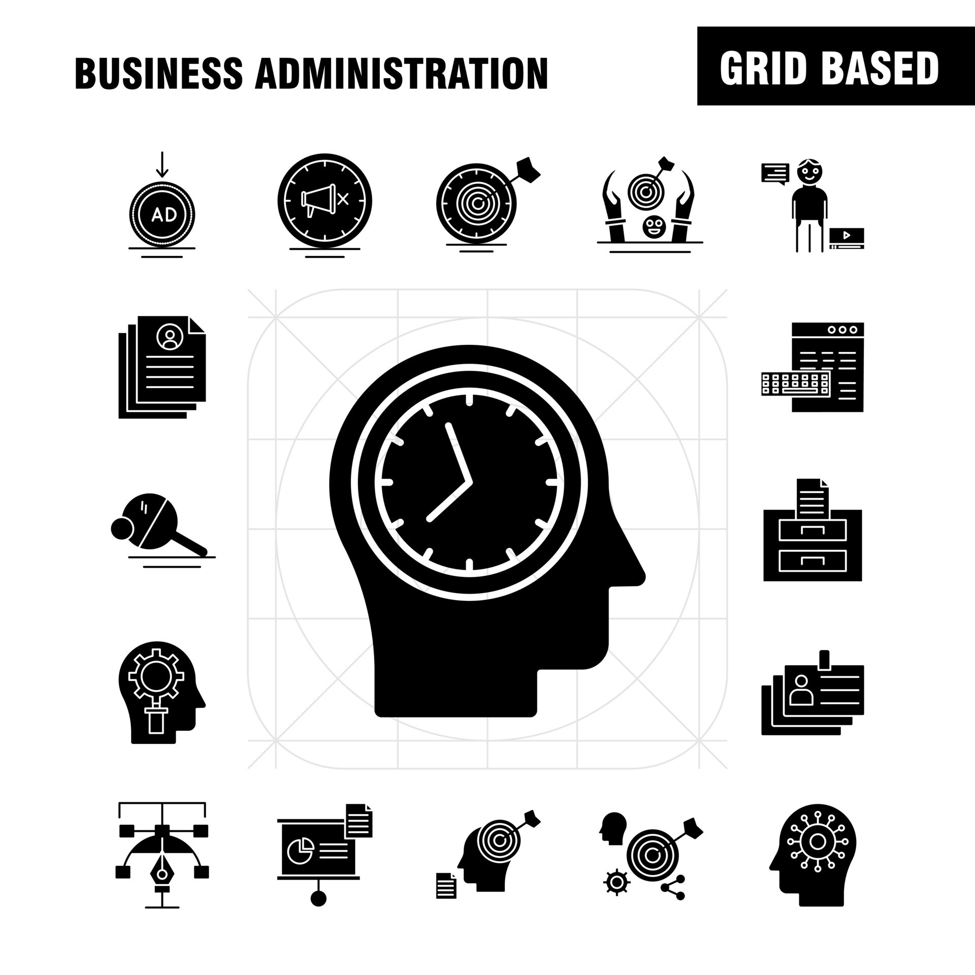 Business administration solid glyph icons set for infographics mobile