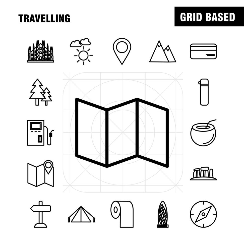 Travelling Line Icons Set For Infographics Mobile UXUI Kit And Print Design Include Direction Board Board Direction Traffic Board Dish Food Eps 10 Vector