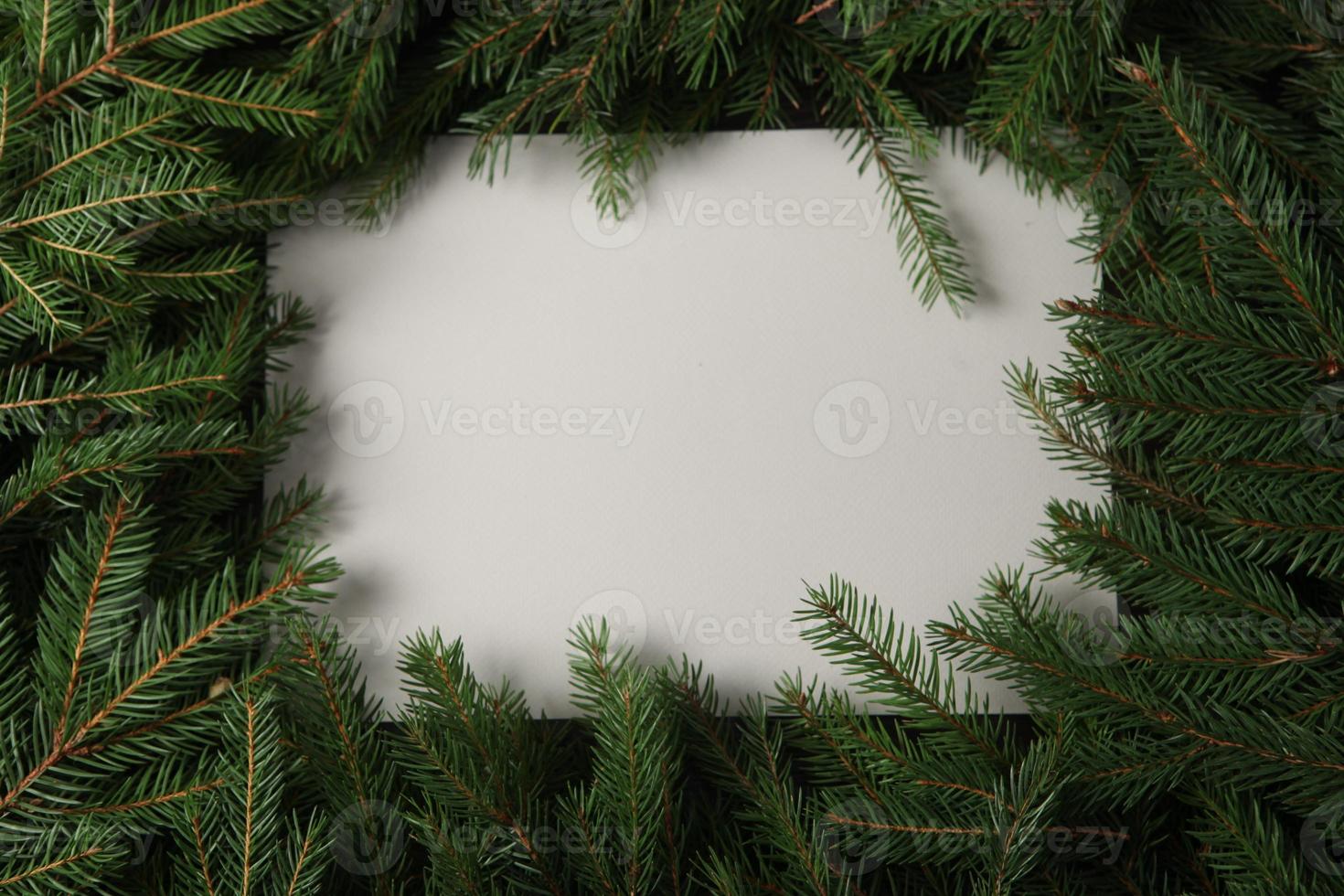 Holidays greeting card or banner composition with pine tree branches. Merry Christmas background and Happy New Year 2023. photo