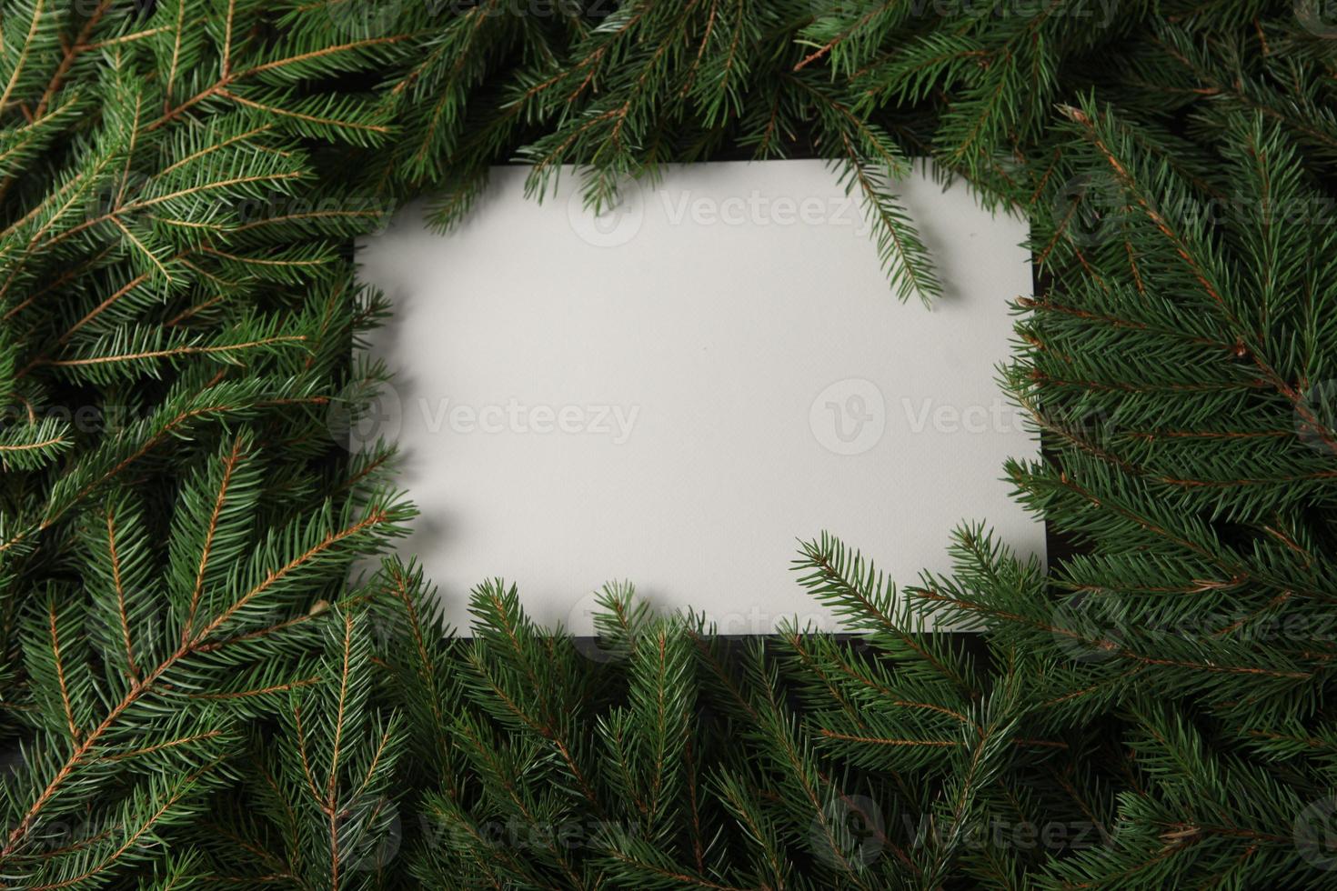 Holidays greeting card or banner composition with pine tree branches. Merry Christmas background and Happy New Year 2023. photo