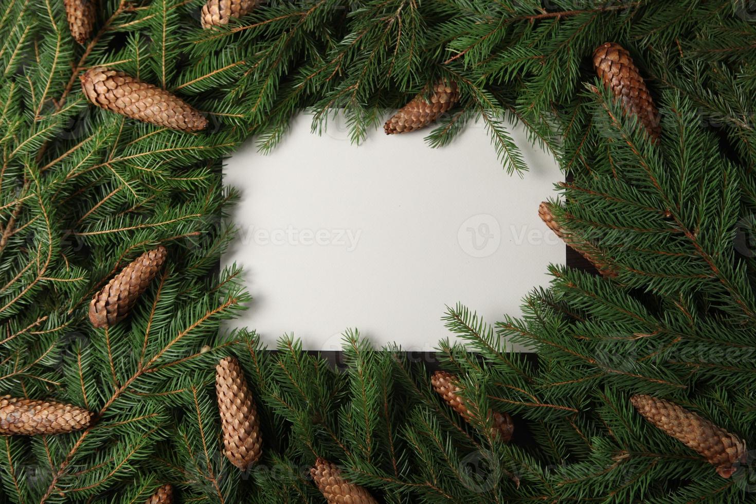 Holidays greeting card or banner composition with pine tree branches. Merry Christmas background and Happy New Year 2023. photo