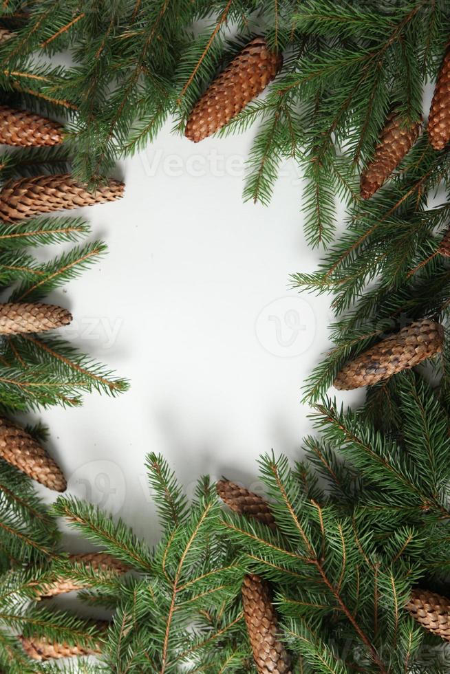 Holidays greeting card or banner composition with pine tree branches. Merry Christmas background and Happy New Year 2023. photo