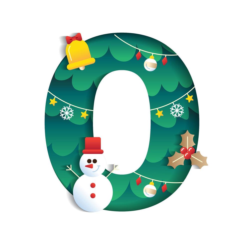 0 Numeric Number Alphabet Cute Merry Christmas Concept Snowman Bell Mistletoe Christmas Tree Character Font Letter Christmas Element Cartoon Green 3D Paper Layer Cutout Card Vector Illustration