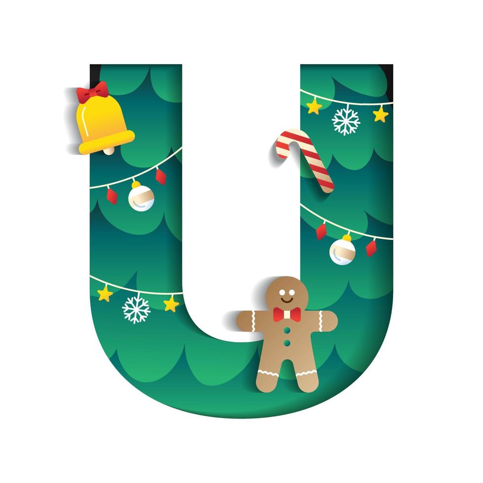 Letter U Alphabet Font Cute Merry Christmas Concept Gingerbread Man Candy Cane Bell Christmas Tree Character Font Christmas Element Cartoon Green 3D Paper Layer Cutout Card Vector Illustration