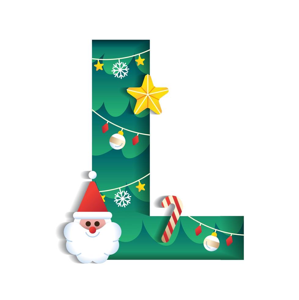 Letter L Alphabet Font Cute Merry Christmas Concept Star Candy Cane Santa Claus Christmas Tree Character Font Christmas Element Cartoon Green 3D Paper Layer Cutout Card Vector Illustration