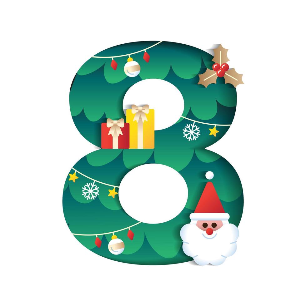 8 Numeric Number Alphabet Cute Merry Christmas Concept Santa Claus Gift Mistletoe Christmas Tree Character Font Letter Christmas Element Cartoon Green 3D Paper Layer Cutout Card Vector Illustration