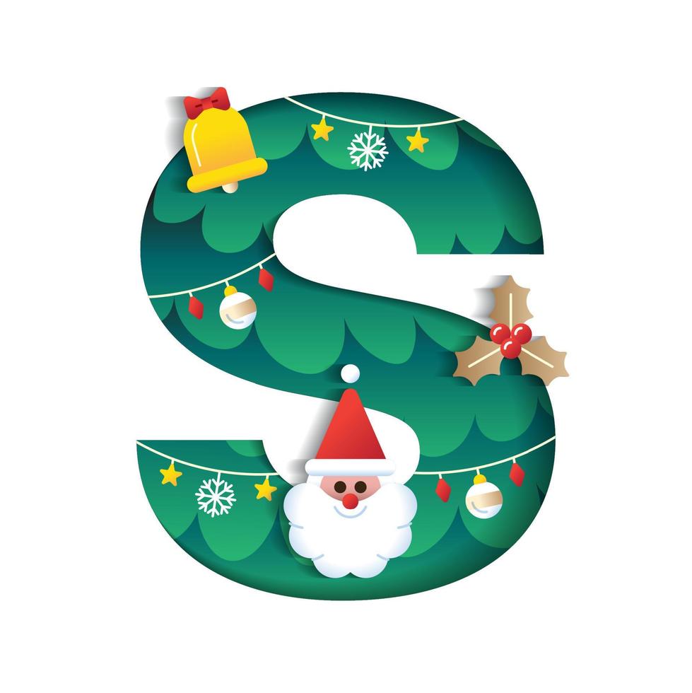 Letter S Alphabet Font Cute Merry Christmas Concept Mistletoe Bell Santa Claus Christmas Tree Character Font Christmas Element Cartoon Green 3D Paper Layer Cutout Card Vector Illustration