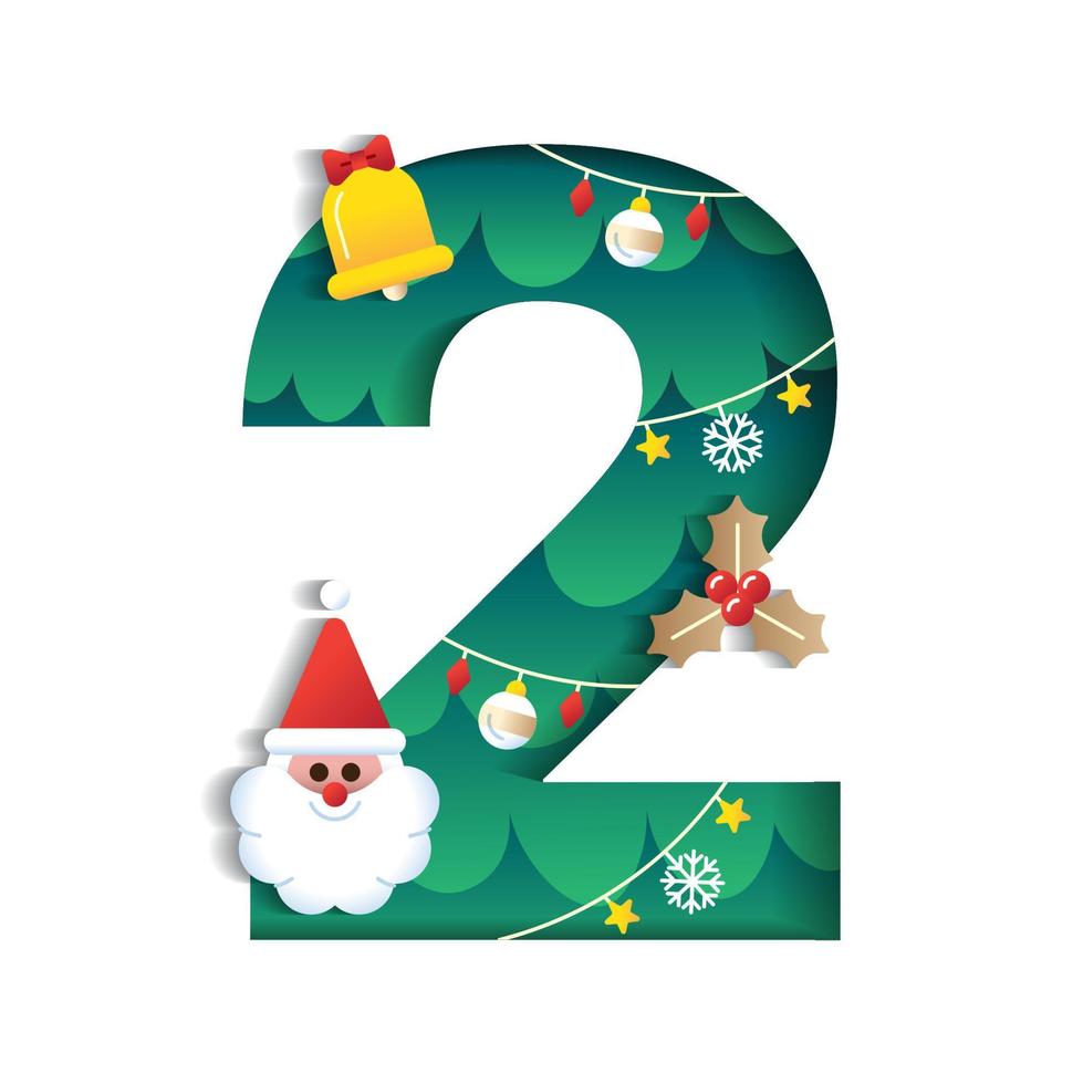 2 Numeric Number Alphabet Cute Merry Christmas Concept Santa Claus Bell Mistletoe Christmas Tree Character Font Letter Christmas Element Cartoon Green 3D Paper Layer Cutout Card Vector Illustration