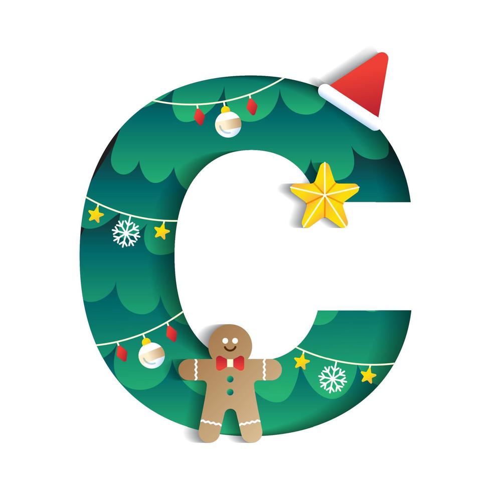 Letter C Alphabet Font Cute Merry Christmas Concept Gingerbread Man Star Christmas Hat Christmas Tree Character Font Christmas Element Cartoon Green 3D Paper Layer Cutout Card Vector Illustration