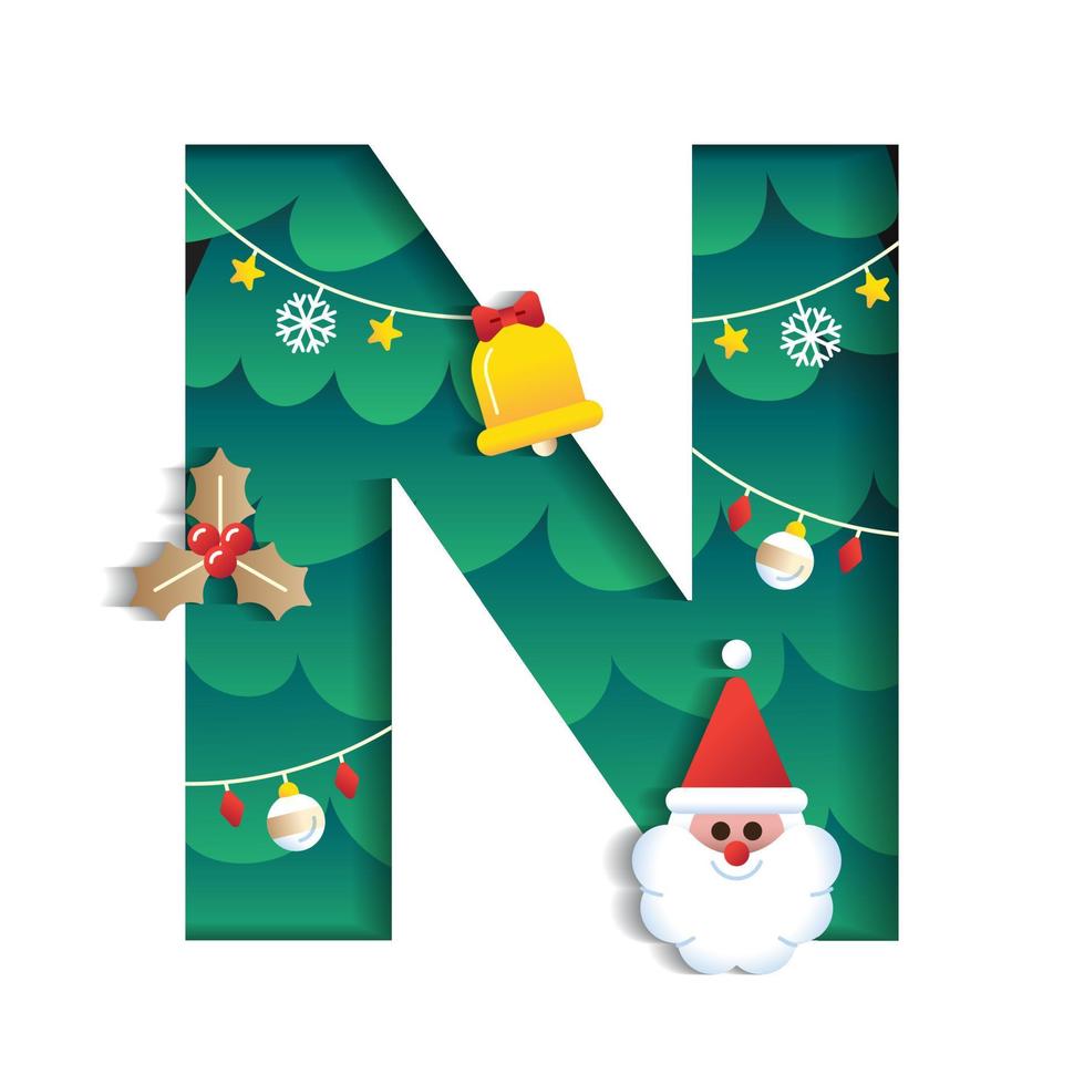 Letter N Alphabet Font Cute Merry Christmas Concept Bell Santa Claus Mistletoe Christmas Tree Character Font Christmas Element Cartoon Green 3D Paper Layer Cutout Card Vector Illustration