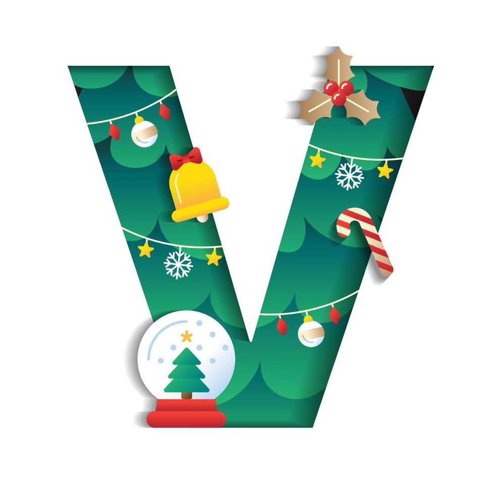 Letter V Alphabet Font Cute Merry Christmas Concept Mistletoe Bell Candy Cane Snowglobe Christmas Tree Character Font Christmas Element Cartoon Green 3D Paper Layer Cutout Card Vector Illustration