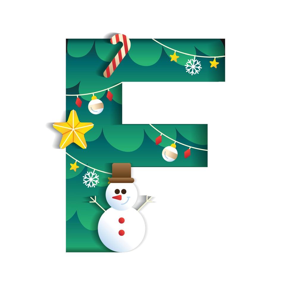 Letter F Alphabet Font Cute Merry Christmas Concept Snowman Candy Cane Star Christmas Tree Character Font Christmas Element Cartoon Green 3D Paper Layer Cutout Card Vector Illustration