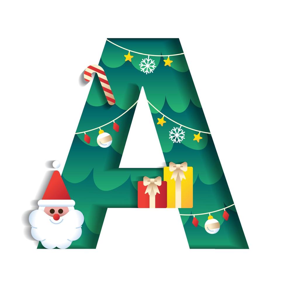 Letter A Alphabet Font Cute Merry Christmas Concept Santa Claus Candy Cane Gift Box Christmas Tree Character Font Christmas Element Cartoon Green 3D Paper Layer Cutout Card Vector Illustration