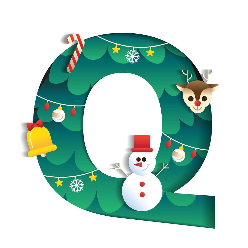 Letter Q Alphabet Font Cute Merry Christmas Concept Reindeer Candy Cane Snowman Bell Christmas Tree Character Font Christmas Element Cartoon Green 3D Paper Layer Cutout Card Vector Illustration